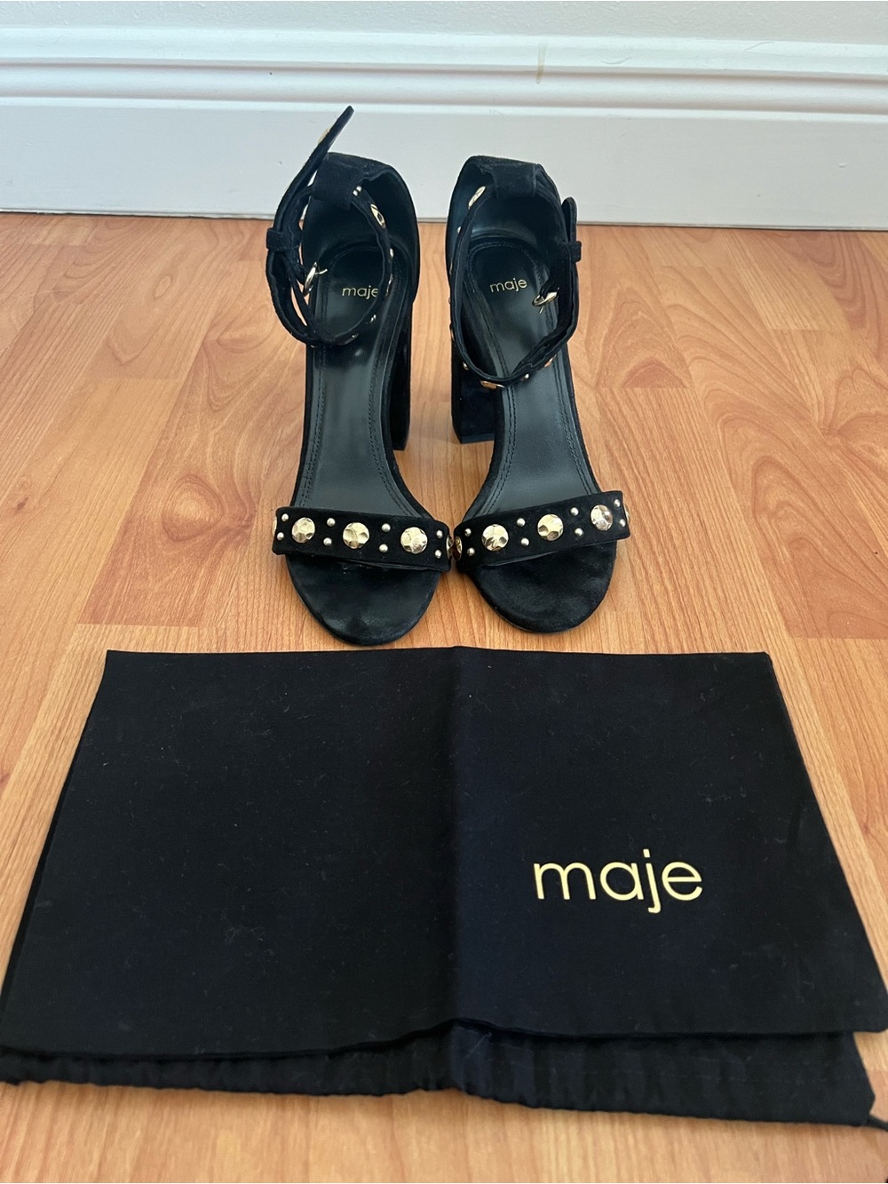 Maje Faria Black Suede Studded Block Heel Sandals - Size 38